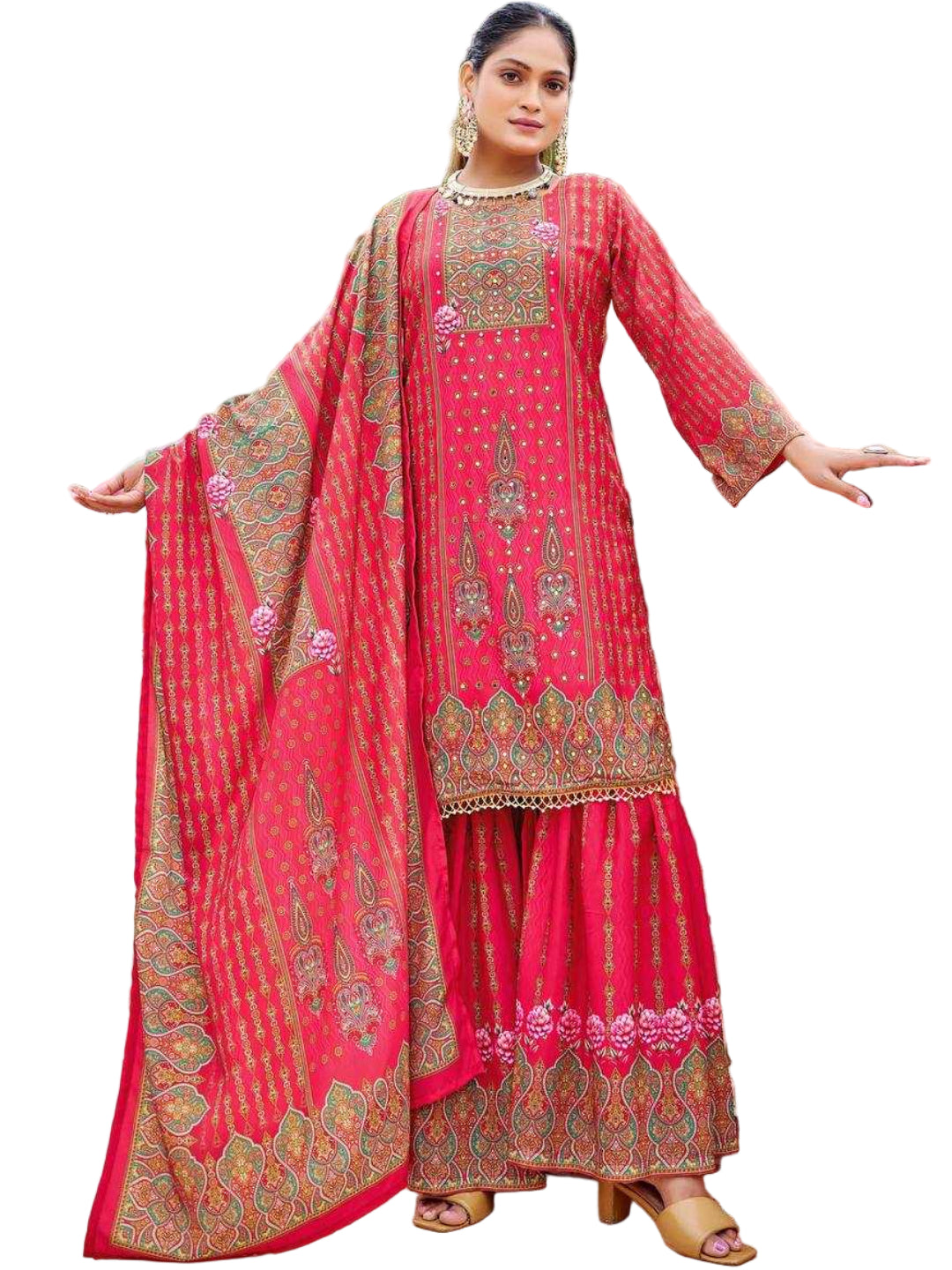 YNF Pure Crape Silk Fully Stitched Sharara Suit with Digital Print & Real Mirror Work