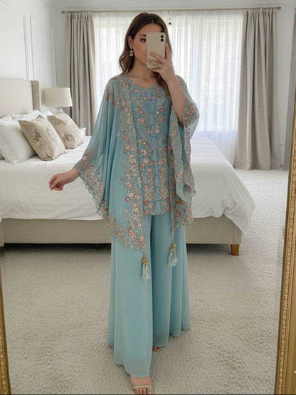 Women's Faux Georgette Sequence Embroidered 3-Piece Shrug, Kurta & Palazzo Set - RE