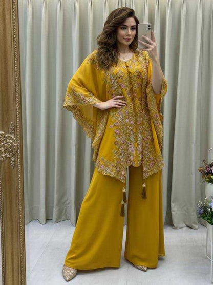 Women's Faux Georgette Sequence Embroidered 3-Piece Shrug, Kurta & Palazzo Set - RE