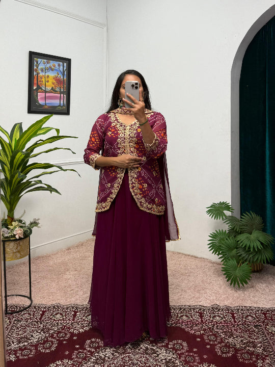 ES Women Faux Georgette Bandhani Koti-Lehenga 3 piece suit set