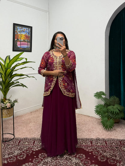 ES Women Faux Georgette Bandhani Koti-Lehenga 3 piece suit set