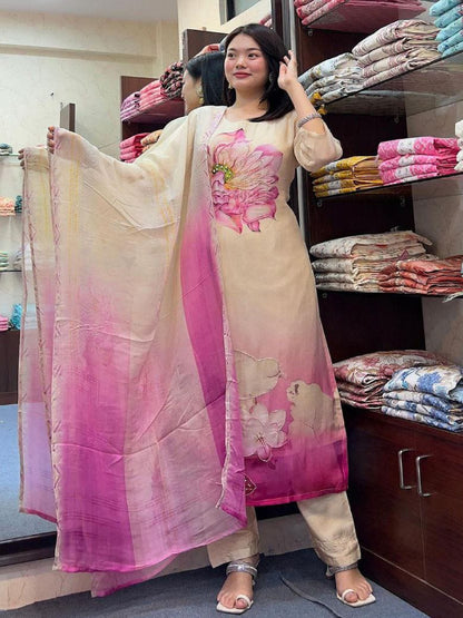 ES Elegant Heavy Orgenza Suit Set with Hand Work - Top, Bottom & Dupatta