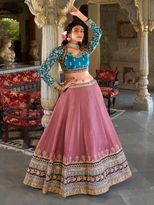 ES Designer Moonga Silk Lehenga Choli Dupatta with Sequins and Thread Embroidery Work
