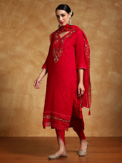 KF Floral Motif Thread Embroidered Yoke Kurta with Trouser & Dupatta