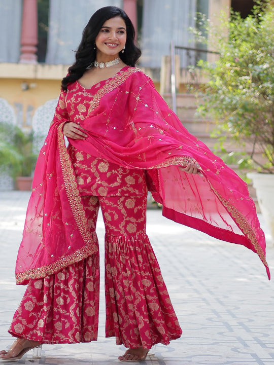 ES Georgette Jacquard Top, Gharara, and Dupatta with Sequins Embroidery and Lace Border
