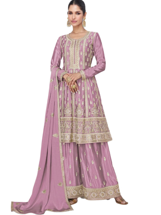 ES Women Premium Chinnon Silk  Top & Plazzo With Matching Dupatta