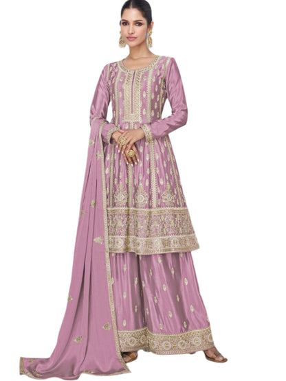 ES Women Premium Chinnon Silk  Top & Plazzo With Matching Dupatta