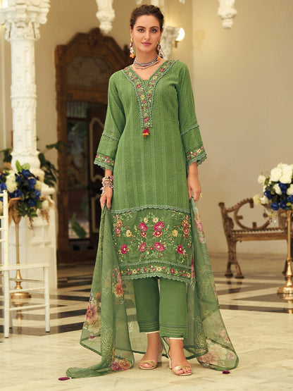 KF Women Floral Motif Thread Embroidered & Orangza Lace Detailed Kurta With Trouser & Dupatta