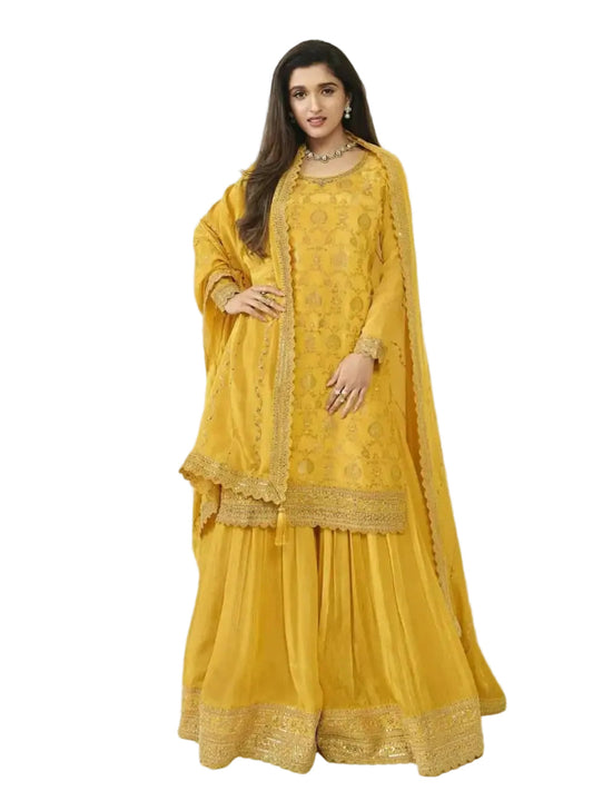 WT Women's Plus Size Heavy Blooming Chinon Jacquard Suit with Embroidered Plazzo