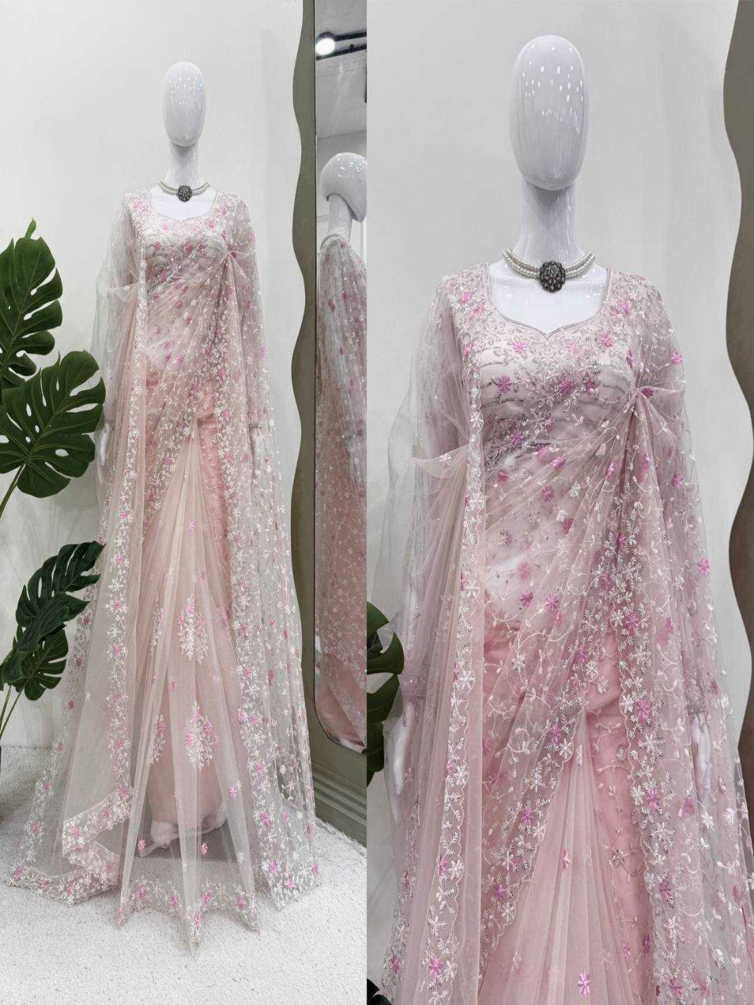 YNF Soft Net Saree, Blouse, & Dupatta Set | Thread & Sequin Work