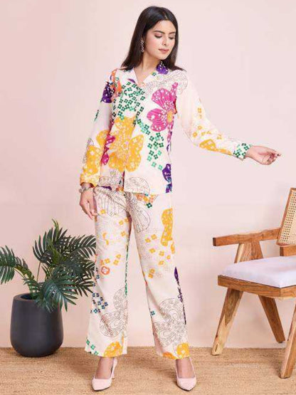 YNF ट्रेंडी व्हाइट फ्लोरल रेयॉन को-ऑर्ड सेट | कैज़ुअल और रेडी-टू-वियर टॉप-पैंट आउटफिट