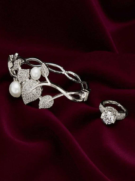 YNF Designer Silver-Plated AD Diamond Kada Bracelet with Matching Antique Ring Set