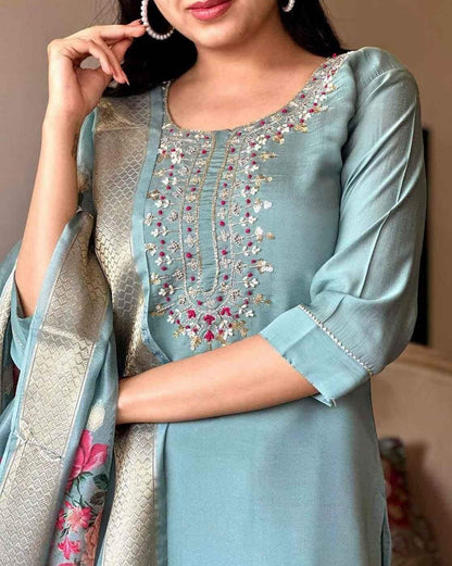 ICF Women Embroidery Chanderi Silk Kurta And Pant With Tissue Silk Dupatta