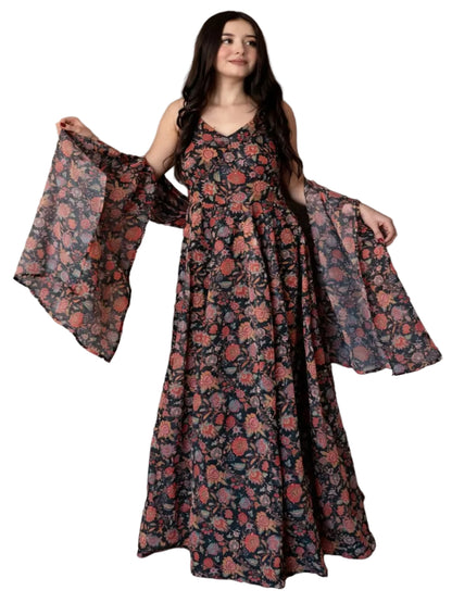 RE Digital Floral Print Soft Organza Gown with 4m Flair & Dupatta