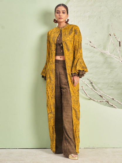 MV Women Floral Print Crop Top with Palazzo & Jacket Co-Ord Set -M-2XL