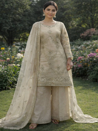 RE Designer Kundan Organza 3-Piece Kurti Set with Embroidery & Sequins