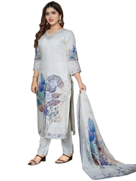 ICF Women digital printed White Kurta Set with Dupatta & Pant