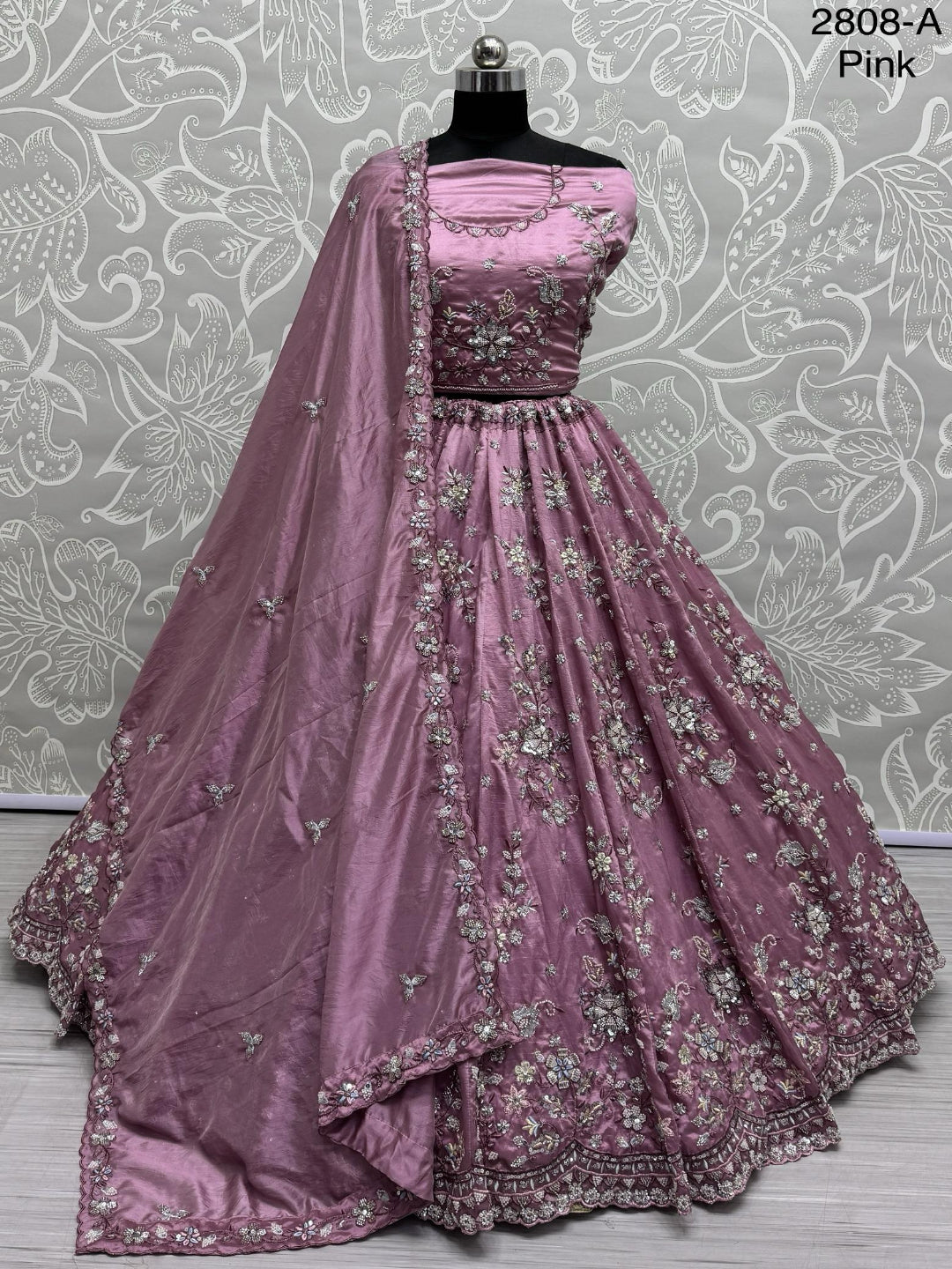 ES Gold Crush Pure Fabric Lehenga with Motif & Crystal Pipe Handwork