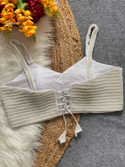 ES Designer Pure Silk Spaghetti Blouse with Handcrafted Pearl (Moti) Work