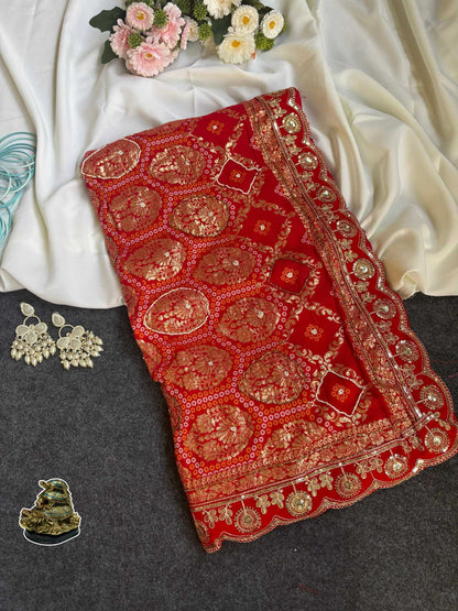YNF Designer Dola Silk Saree with Khatli Cutdana & Moti Handwork and Velvet Codding Lace Border