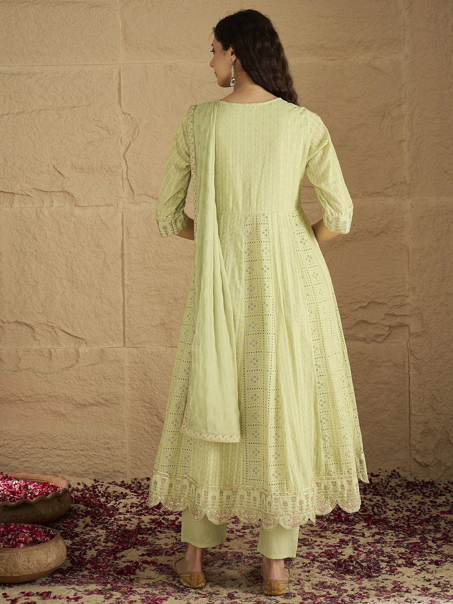 KF Mirror and Thread Embroidered, Zari Embellished Anarkali Kurta With Printed Bottom and Embroidered Dupatta
