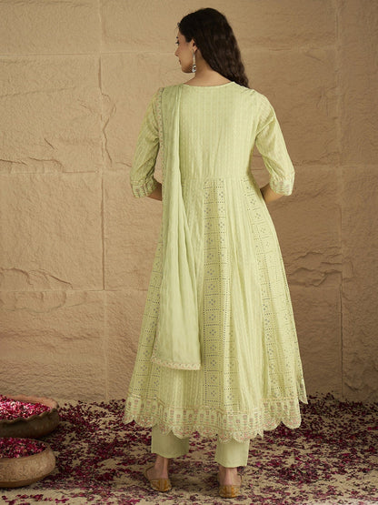 KF Mirror and Thread Embroidered, Zari Embellished Anarkali Kurta With Printed Bottom and Embroidered Dupatta
