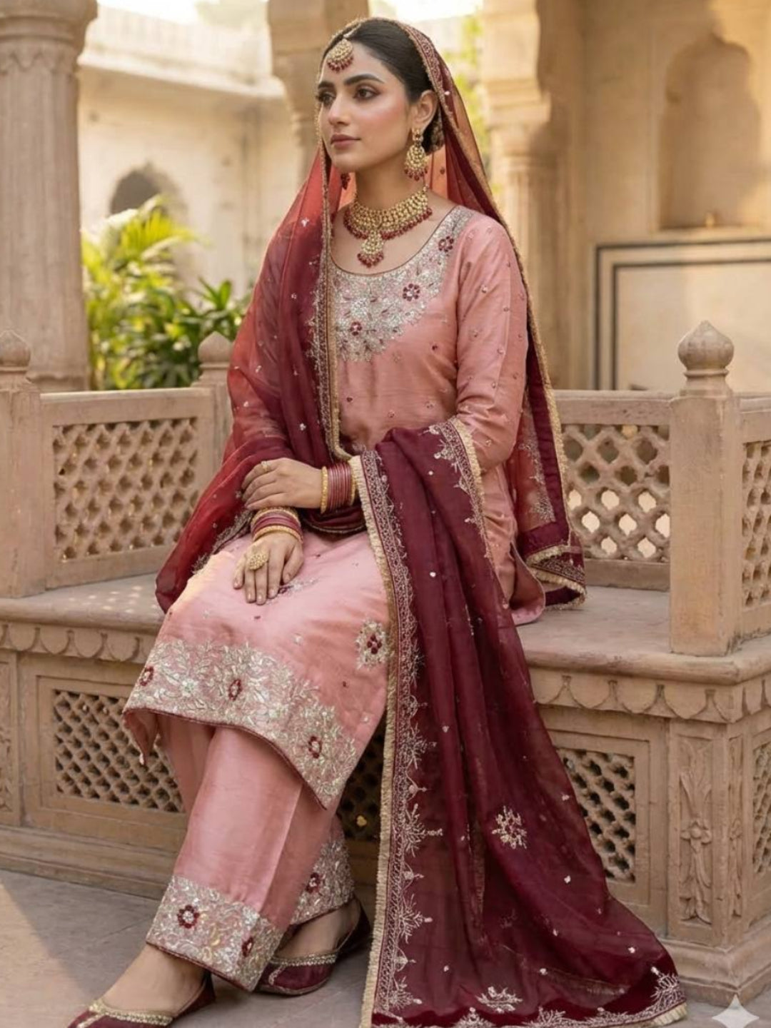 Women's Pure GMY Silk Heavy Sequence Embroidered Kurta Palazzo Set with Dupatta-RE