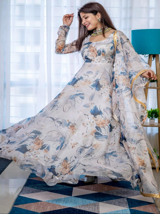 ES New Party Wear Organza Taby Silk Gown Set with Dupatta
