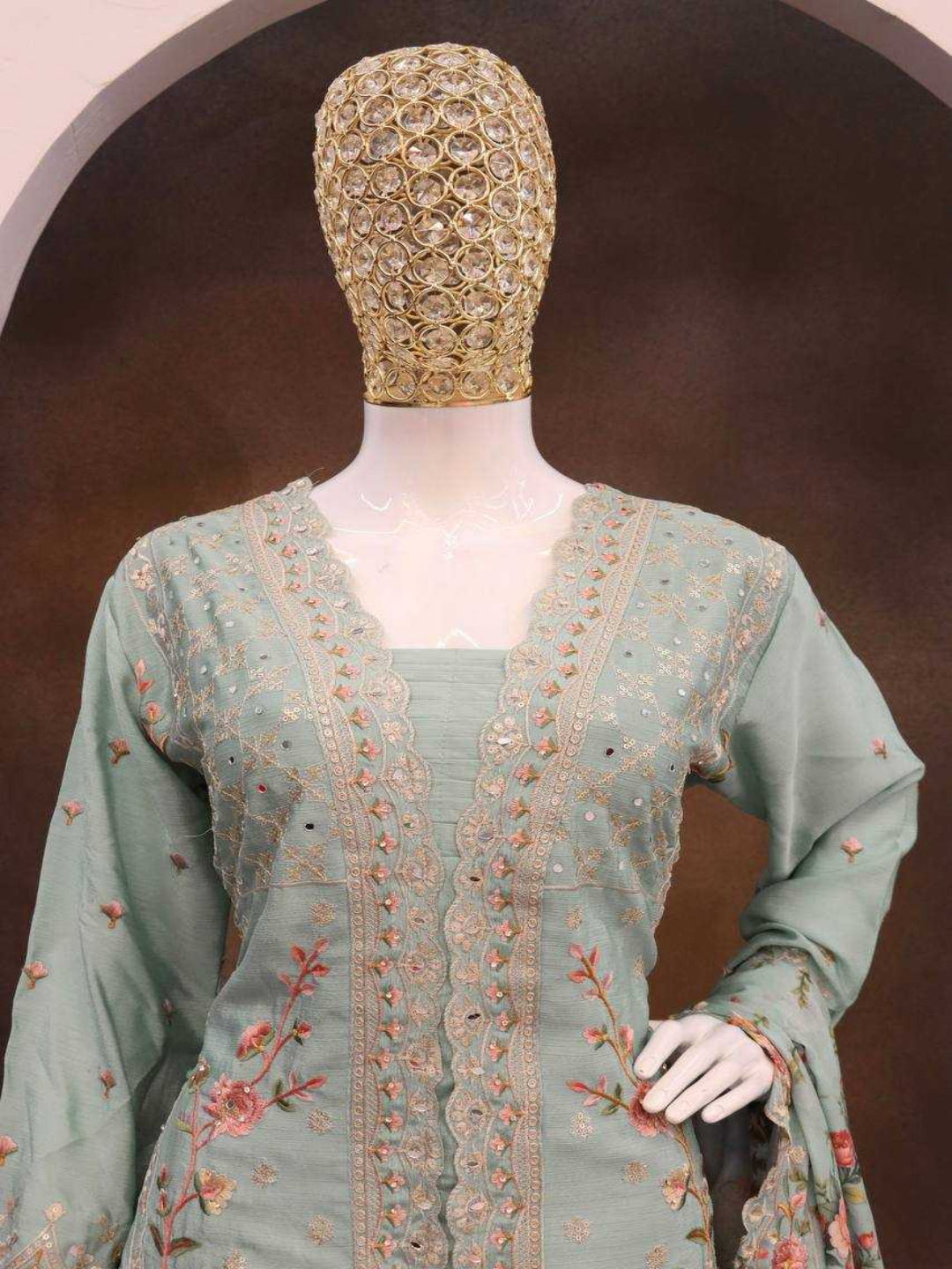 YNF Stitched Real Vichitra Silk Sequence Work Palazzo Suit with Embroidered Dupatta