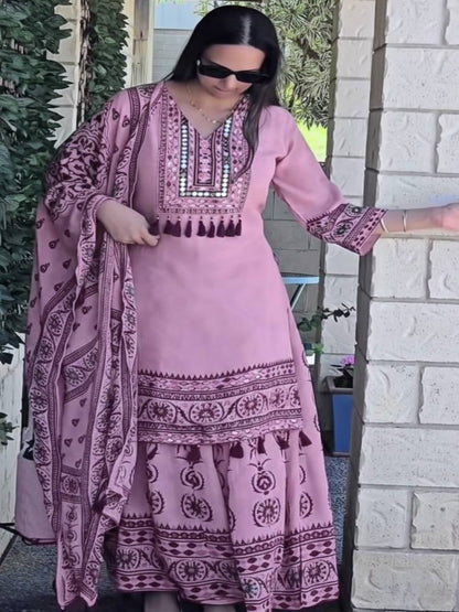 RE Maslin Silk Digital Printed Suit Set with Real Mirror Work and Palazzo (Sizes M-XXL)