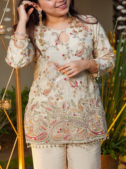 RE Women's French Crepe Co-Ord Set | Embroidered Tunic Top & Straight Pant Suit | Formal & Casual 2-Piece Ethnic Set