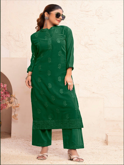 MV Embroidered Fox Georgette Kurti with Heavy Muslin Pants | Stitched Inner Kurta Set