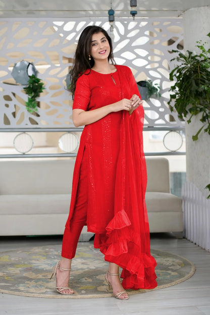 ICF Women Multi-Color Slub Cotton Kurti Set with Pant & Dupatta
