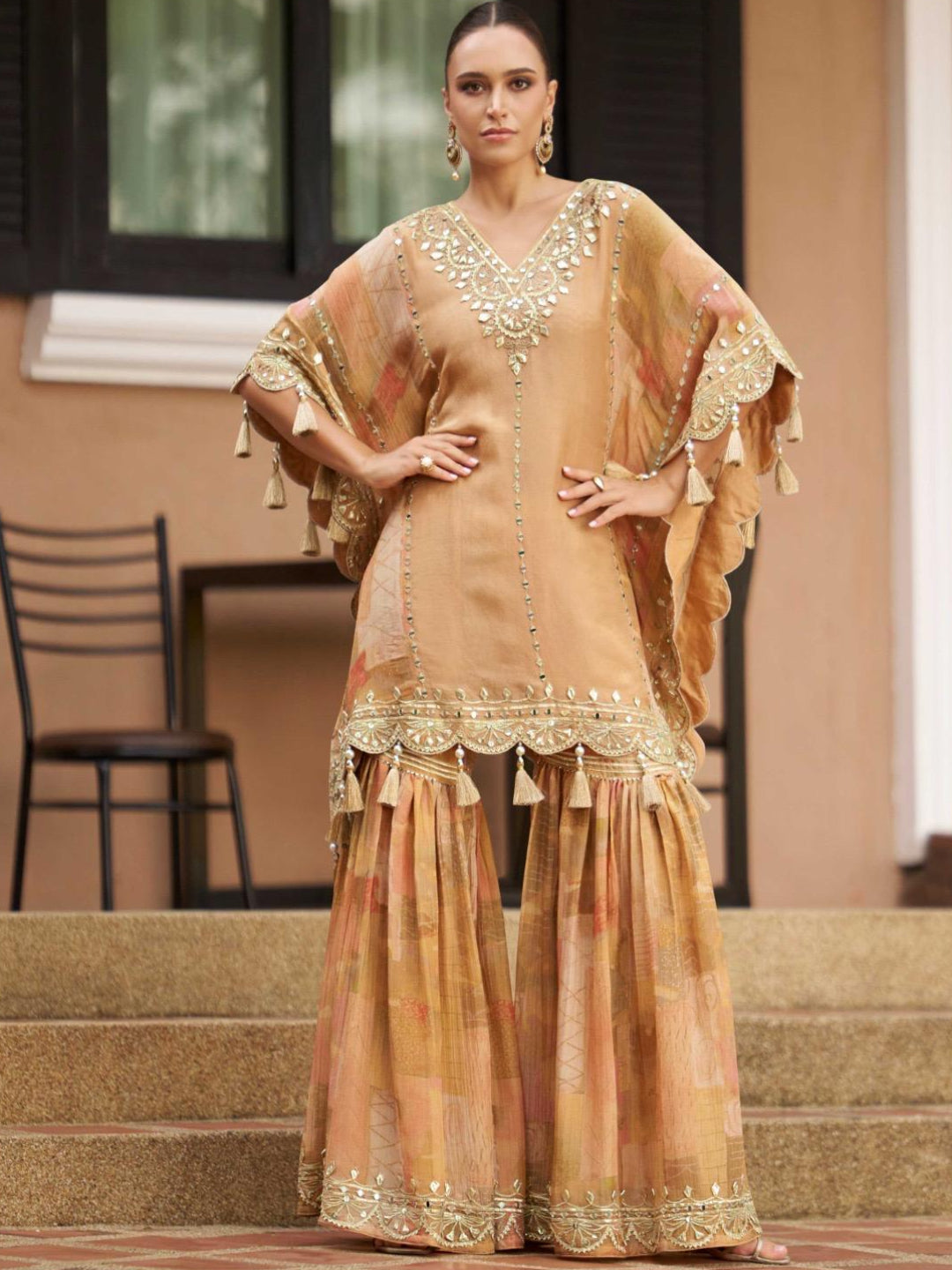 YNF Trendy Kaftan Gharara Suit: Real Chinon Silk with Hand Embellishment