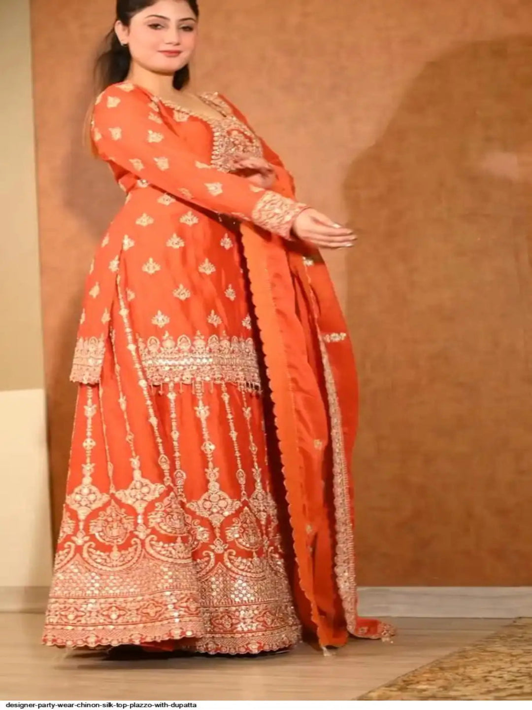 WT Women's Fully Stitched Heavy Chinon Silk Top & Plazzo Set with Embroidered Dupatta