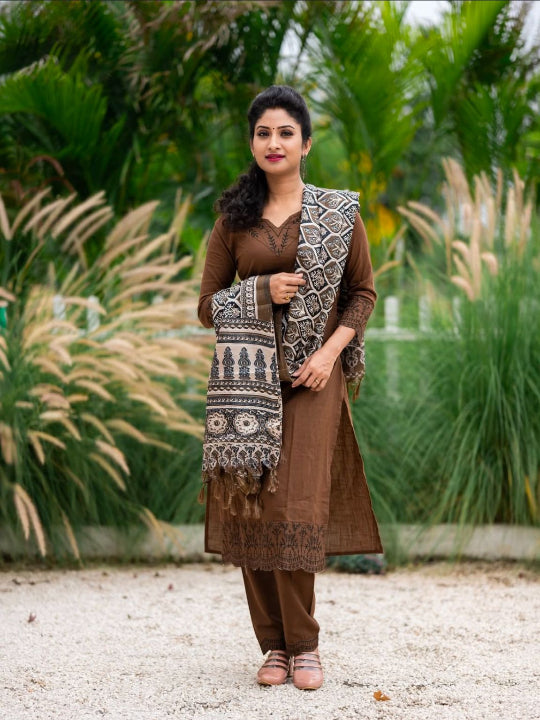 ICF Women Brown Khadi Cotton Suit Set with Embroidery & Digital Print Dupatta