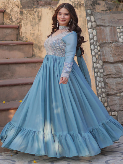 ES Star Georgette Gown with Embroidery Beads Sequins-work