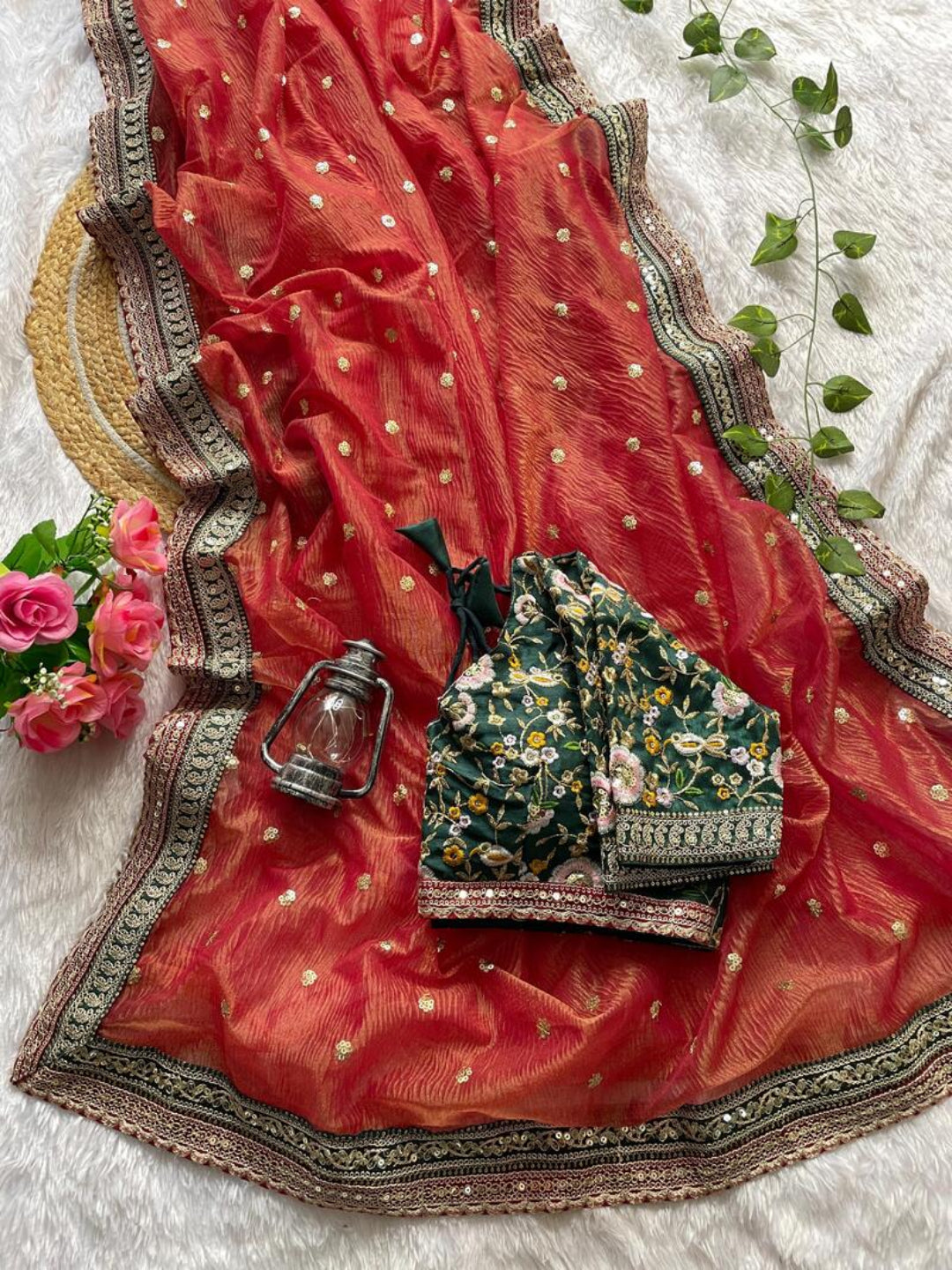 ES Women’s Soft Crush Saree with Golden Jari Butta and Fully Stitched Sequence Blouse