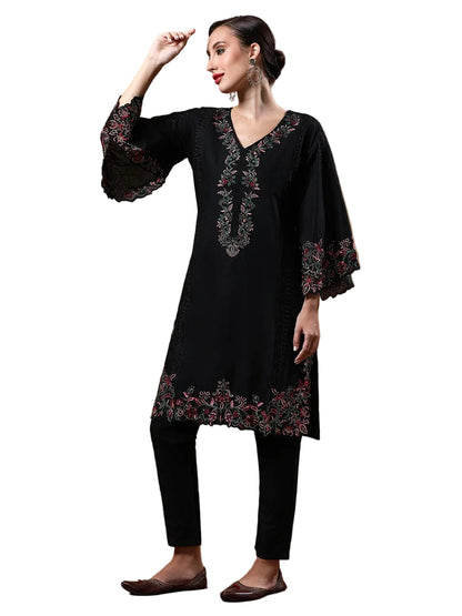 Varanga Women's Black Pure Cotton Embroidered Straight Kurta with Trousers