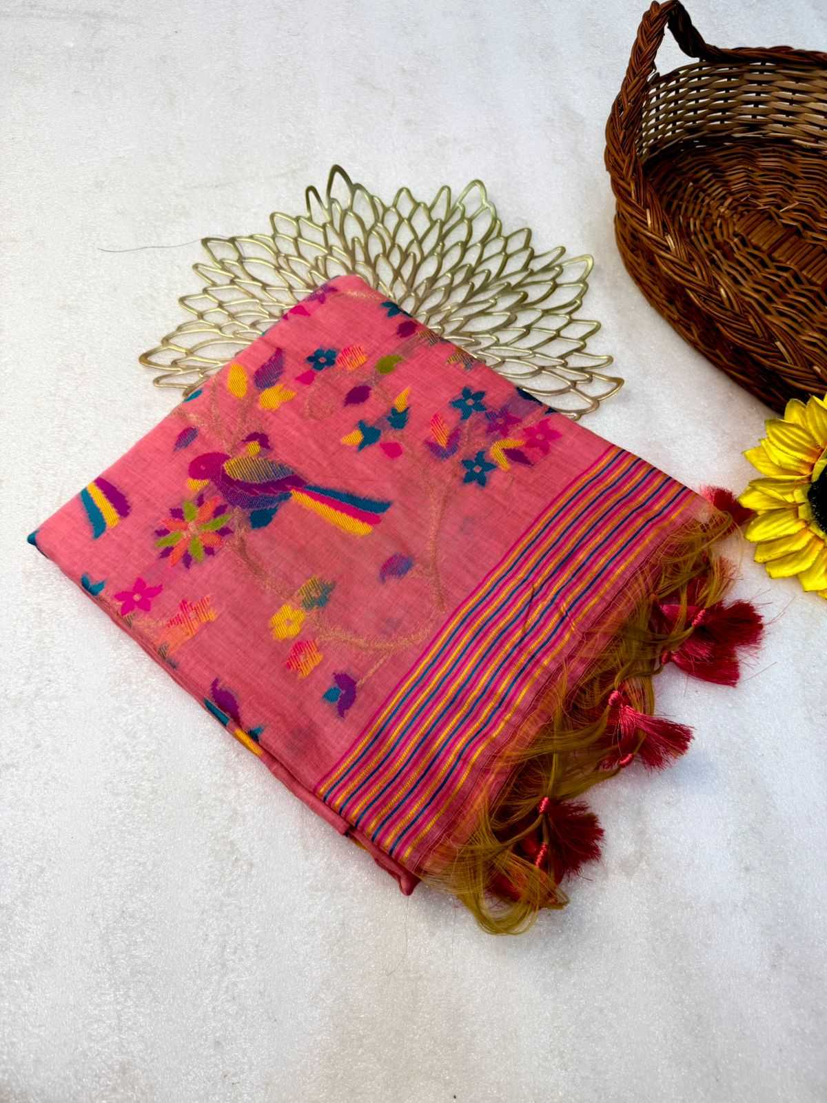YNF Pure Muga Cotton Meenakari Weaving Saree with Floral Pallu and Contrast Blouse