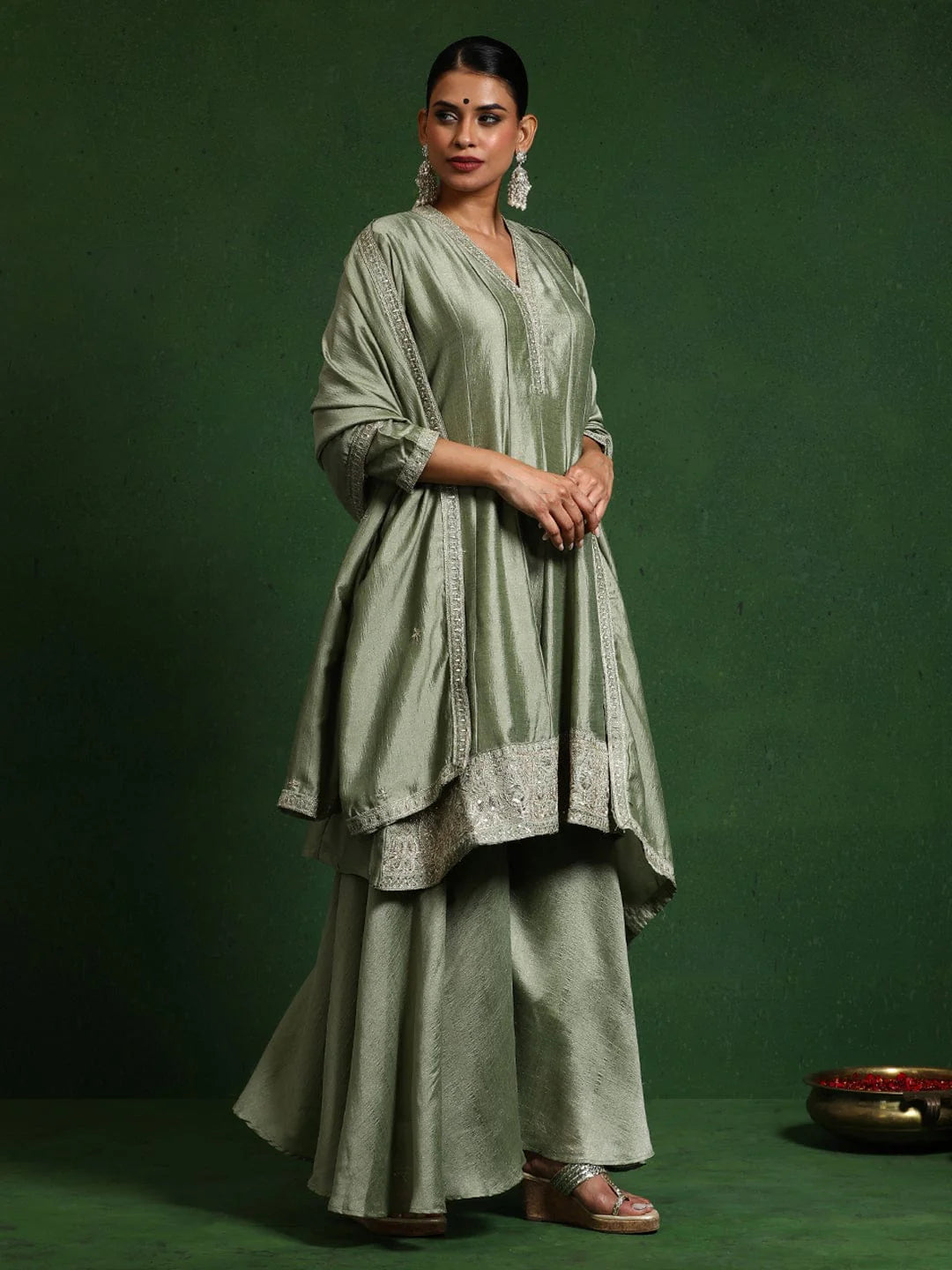 KF Women Zari & Sequin Embroidery Neck Flared Anarkali With Sharara And Dupatta