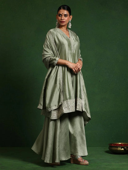 KF Women Zari & Sequin Embroidery Neck Flared Anarkali With Sharara And Dupatta