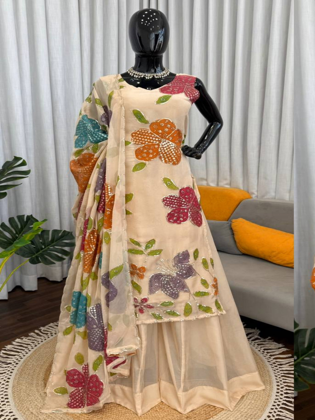 Premium Tibby Organza Silk Brush Print 3-Piece Suit Set with Sequence Work - RE