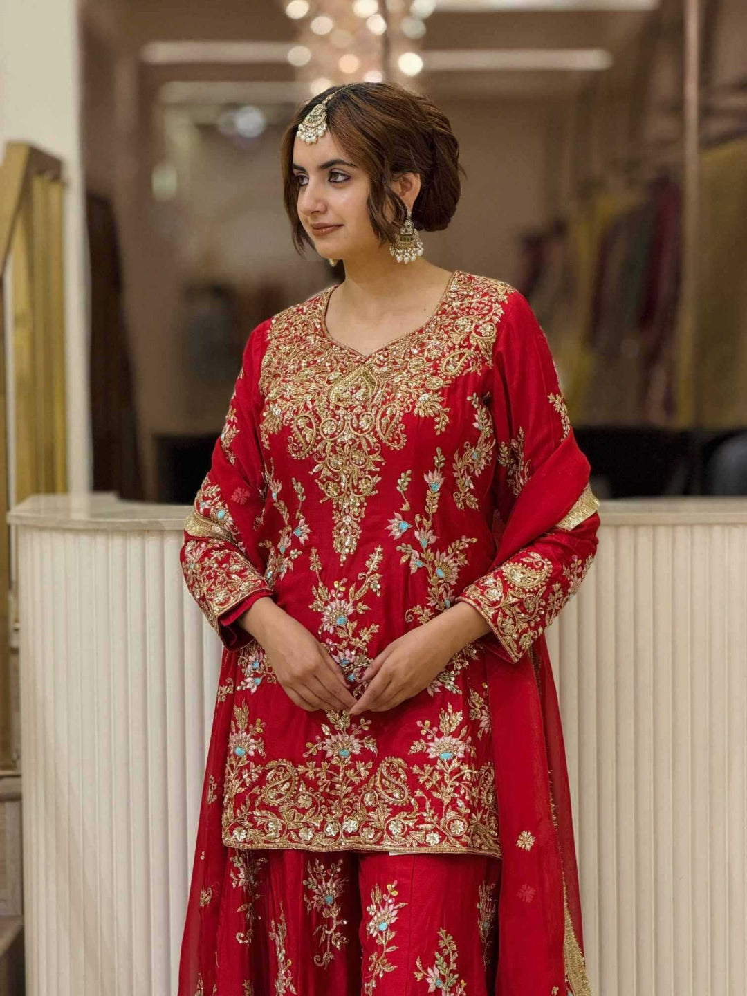 YNF Designer Embroidered Faux Georgette Palazzo Suit Set with Heavy Sequence Work & Fancy Latkan Border