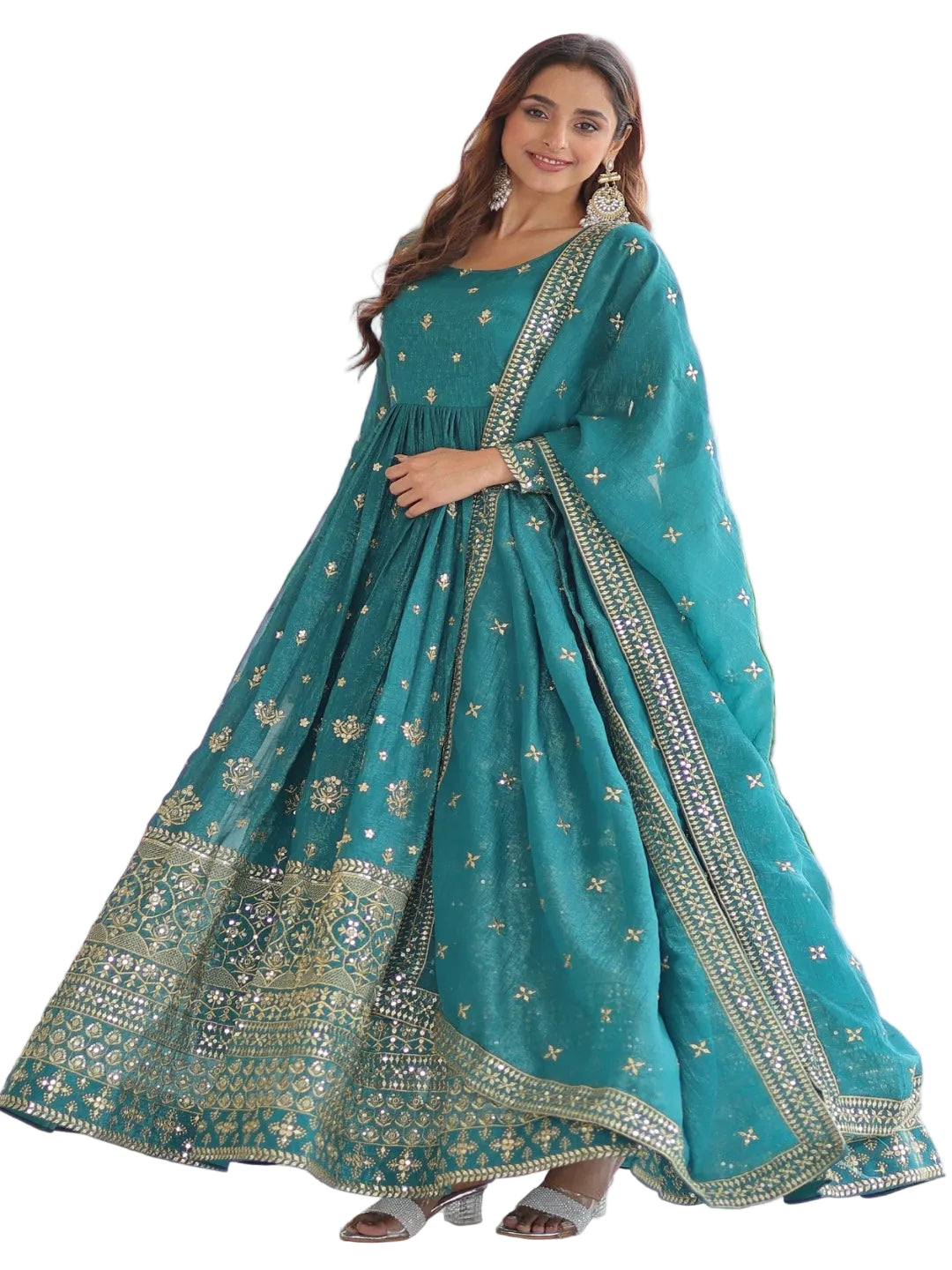 ES Full Sleeve Silver Crunchy Gown with Embroidery & 3M Flair