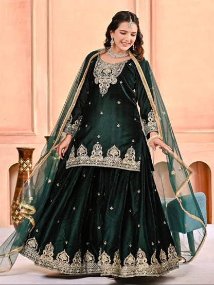 RE Pure Heavy Viscous Velvet Embroidered Sharara Palazzo Suit Set with Butterfly Net Dupatta (Sizes M-XXL)