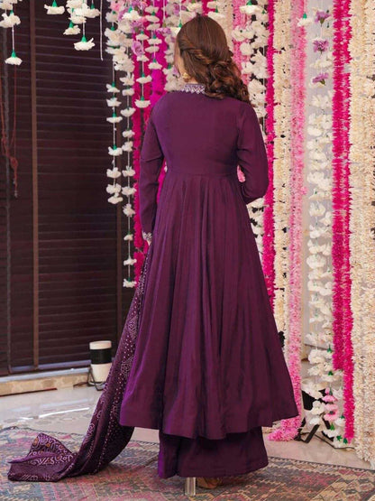 YNF Vichitra Silk Purple Anarkali with Plazzo & Chanderi Dupatta