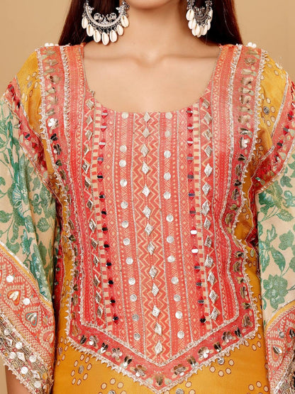 KF Colored Pure Silk Gotta And Mirror Embellished Kaftan With Tulip Pants