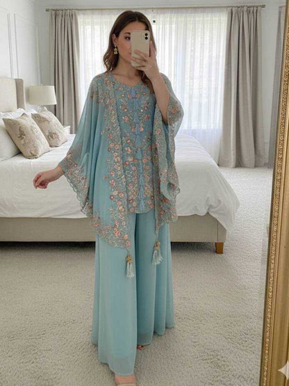 Women's Faux Georgette Sequence Embroidered 3-Piece Shrug, Kurta & Palazzo Set - RE