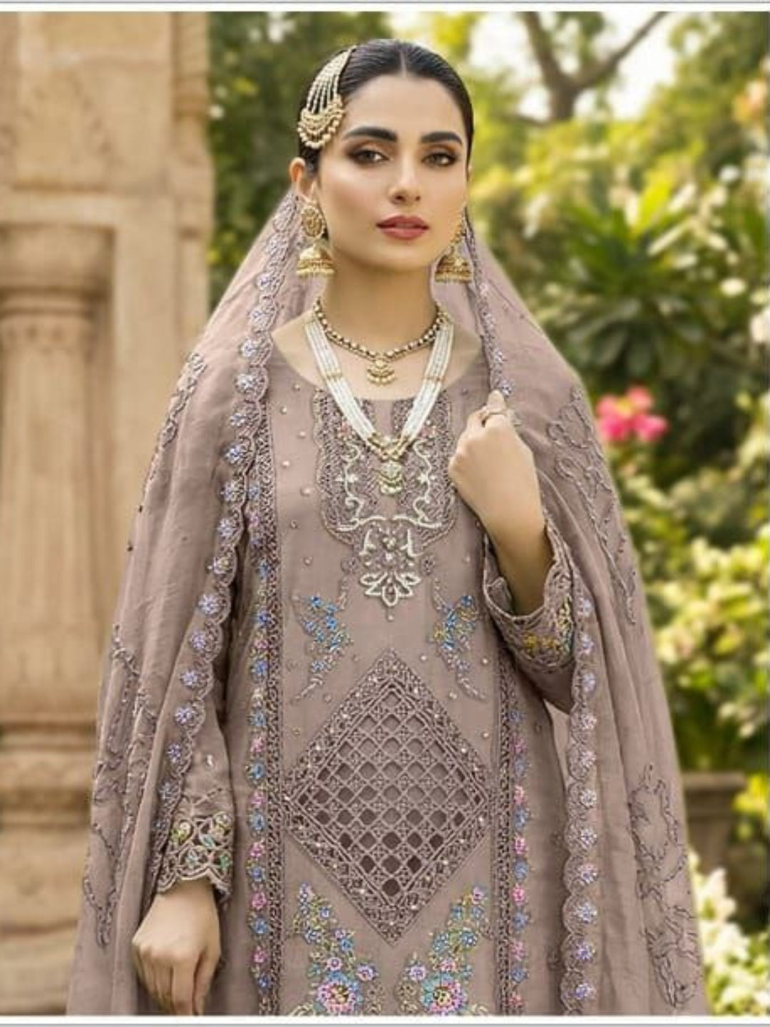 Women’s Heavy Chiffon Embroidered Suit with Hand Khatli Work and French Silk Bottom (XS-5XL)-RE